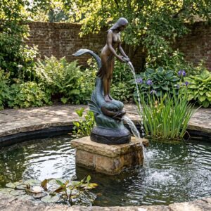 Wasserspeier Skulptur Frau auf Fisch Bronze 1,50 m