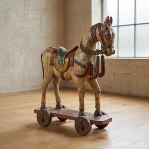 Pferd auf Rollen Holzpferd Rädertier Jugendstil 1910 Teakholz