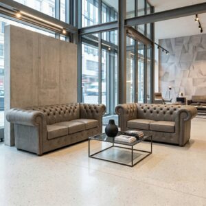 Chesterfield Couchgarnitur Grau 3-2 Leder