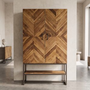 Schrank Kabinettschrank Fischgrät-Optik Teakholz 1,05 m