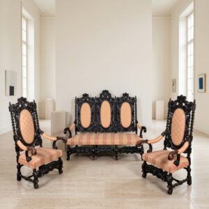 Sitzgarnitur 2 Sessel und 3-Sitzer Bank Historismus 1870 Eiche