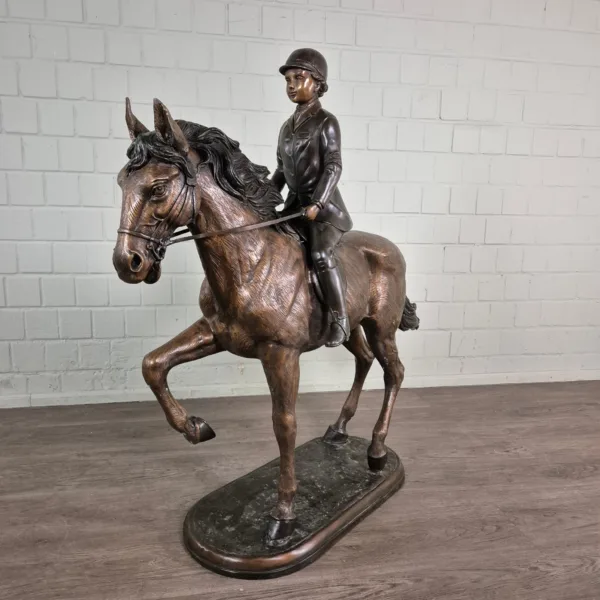 Skulptur Deko-Figur Pferd mit Reiterin Bronze 1,20 m - immagine 2