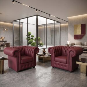 Chesterfield Sessel Leder Weinrot Set
