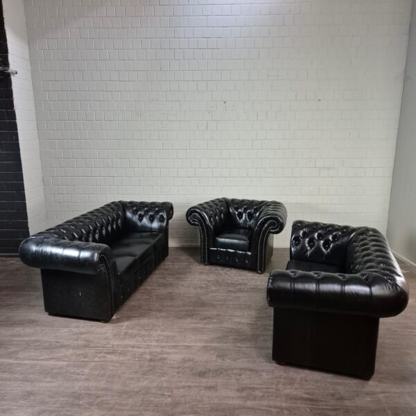 Chesterfield Couchgarnitur Schwarz 3-2-1 Leder