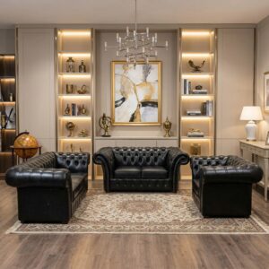 Chesterfield Couchgarnitur Schwarz 3-2-1 Leder