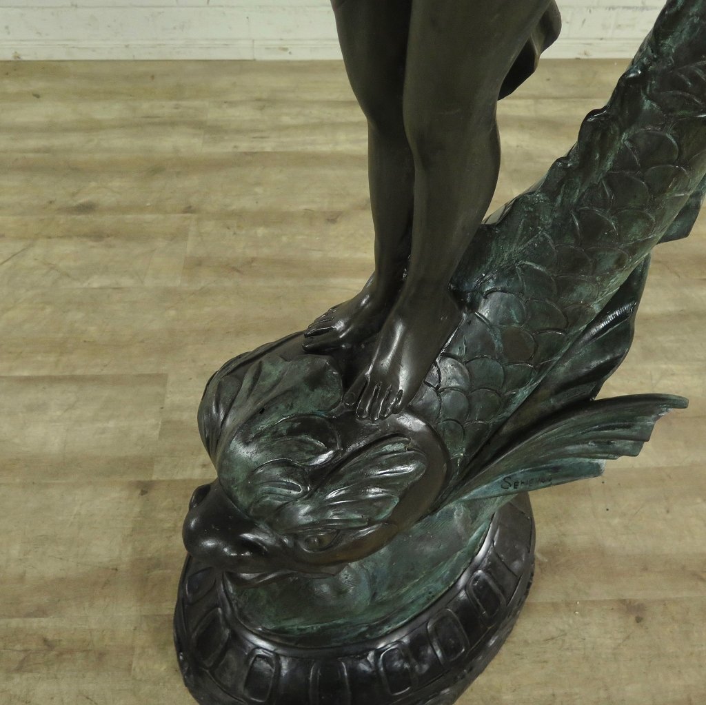 Wasserspeier Skulptur Frau auf Fisch Bronze 1,50 m