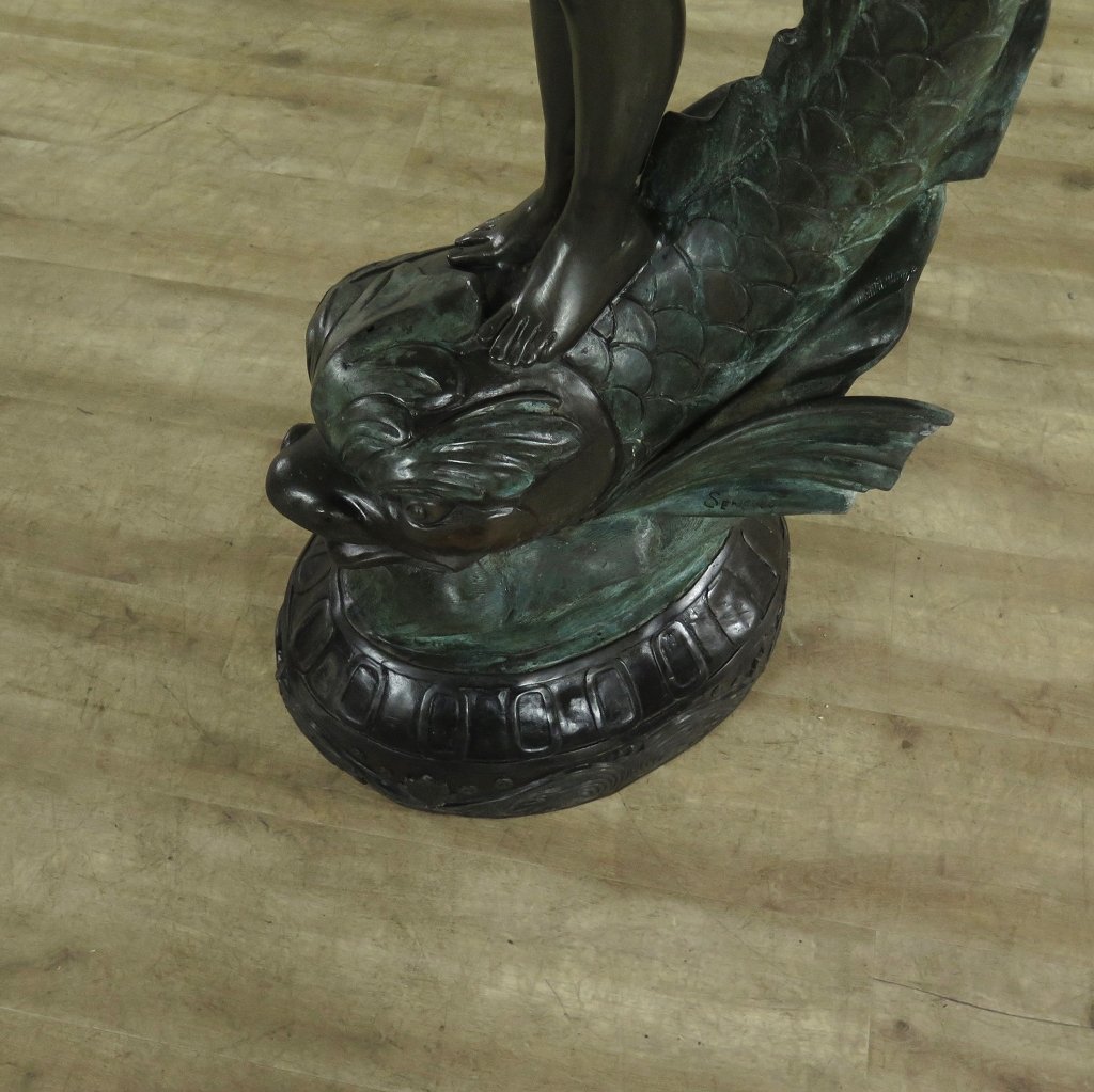 Wasserspeier Skulptur Frau auf Fisch Bronze 1,50 m
