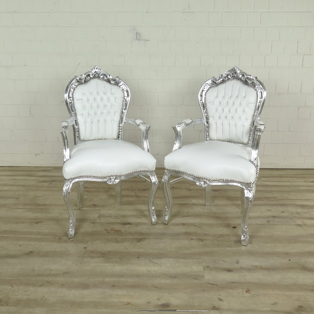 Set Barockstühle Barockstuhl PU-Leder Weiß-Silber