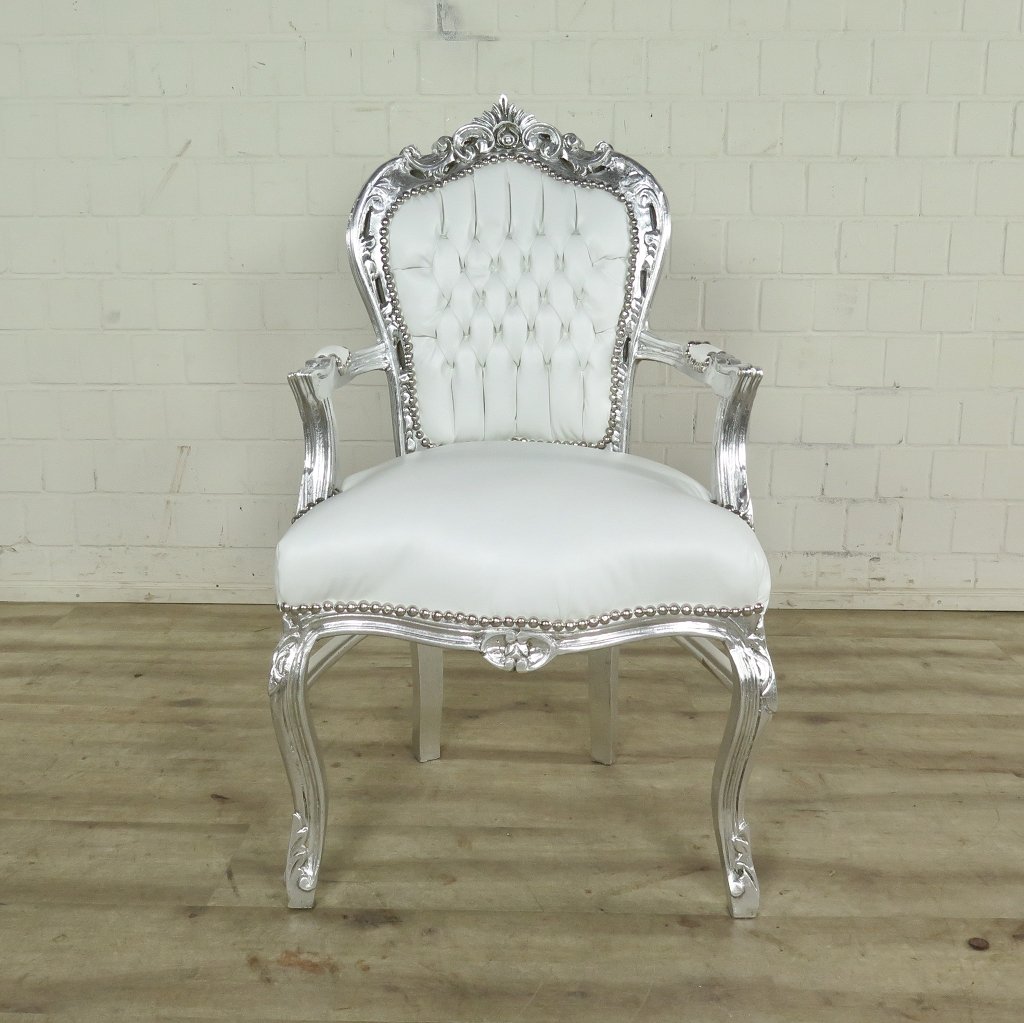 Set Barockstühle Barockstuhl PU-Leder Weiß-Silber