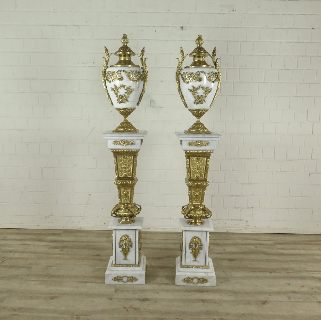 Säule mit Vase Messing Marmor Weiß 1,80 m