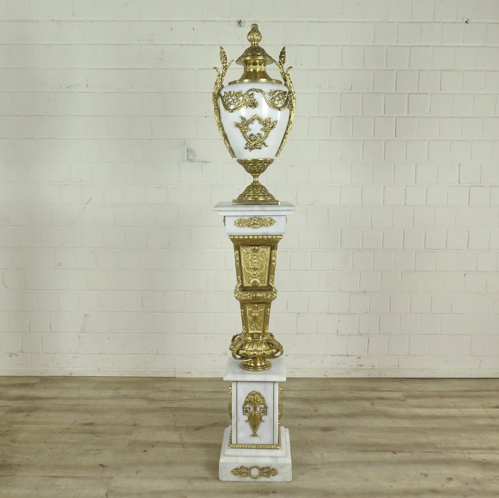 Säule mit Vase Messing Marmor Weiß 1,80 m