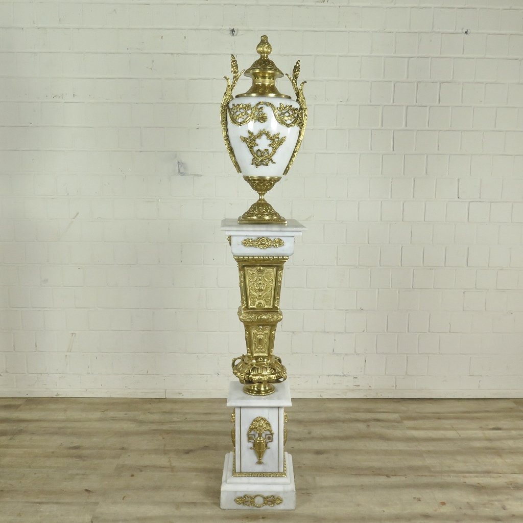 Säule mit Vase Messing Marmor Weiß 1,80 m