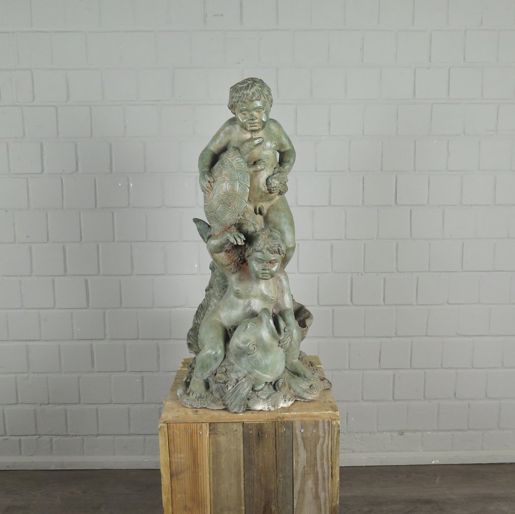Wasserspeier Wasserspiel Putten mit Fisch & Schildkröte Bronze 0,82 m