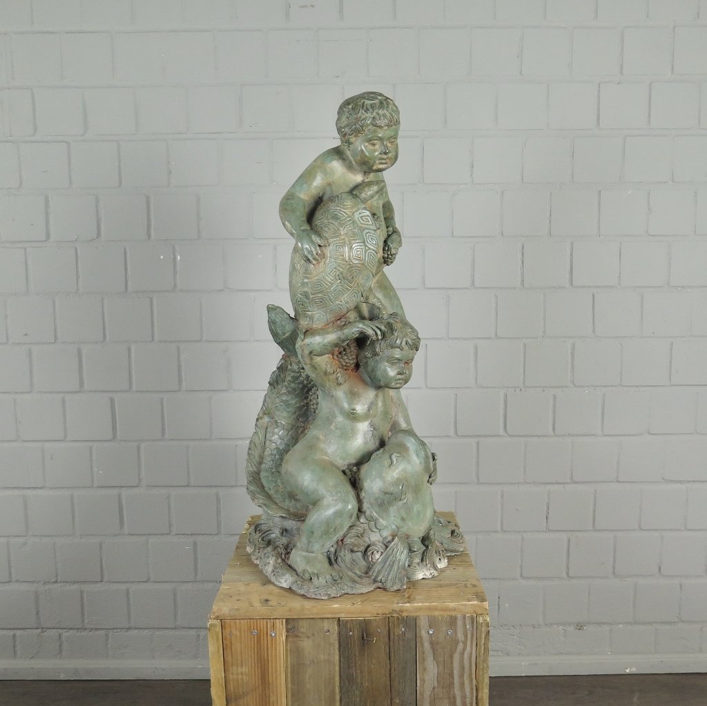 Wasserspeier Wasserspiel Putten mit Fisch & Schildkröte Bronze 0,82 m