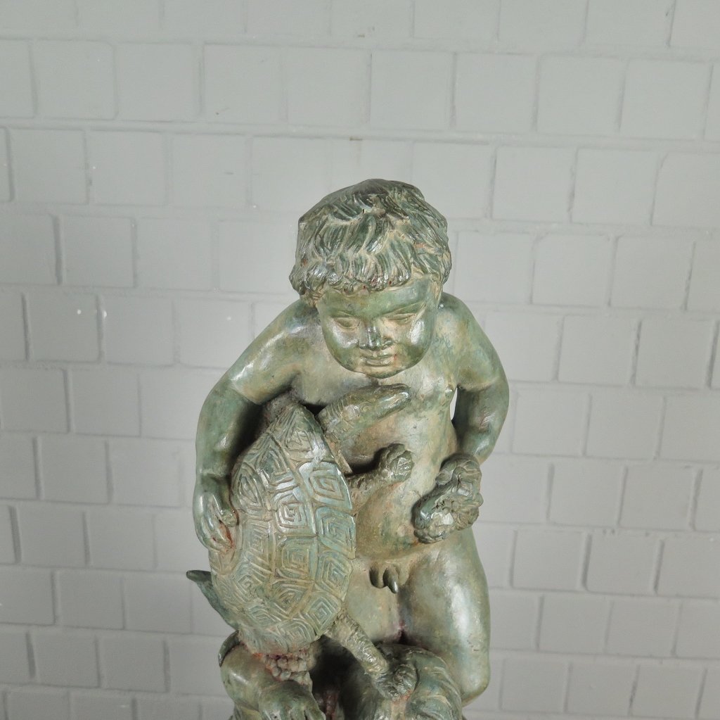 Wasserspeier Wasserspiel Putten mit Fisch & Schildkröte Bronze 0,82 m