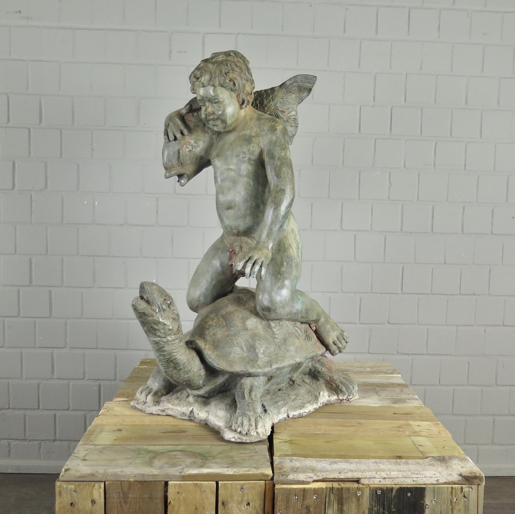 Wasserspeier Wasserspiel Putte auf Schildkröte Bronze 0,97 m