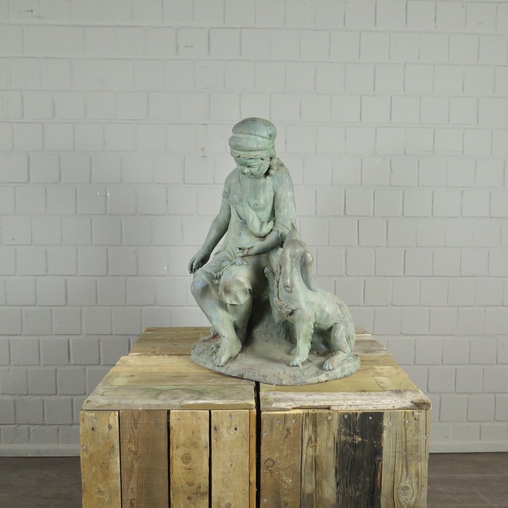 Skulptur Dekoration Mädchen mit Hund Bronze 0,75 m