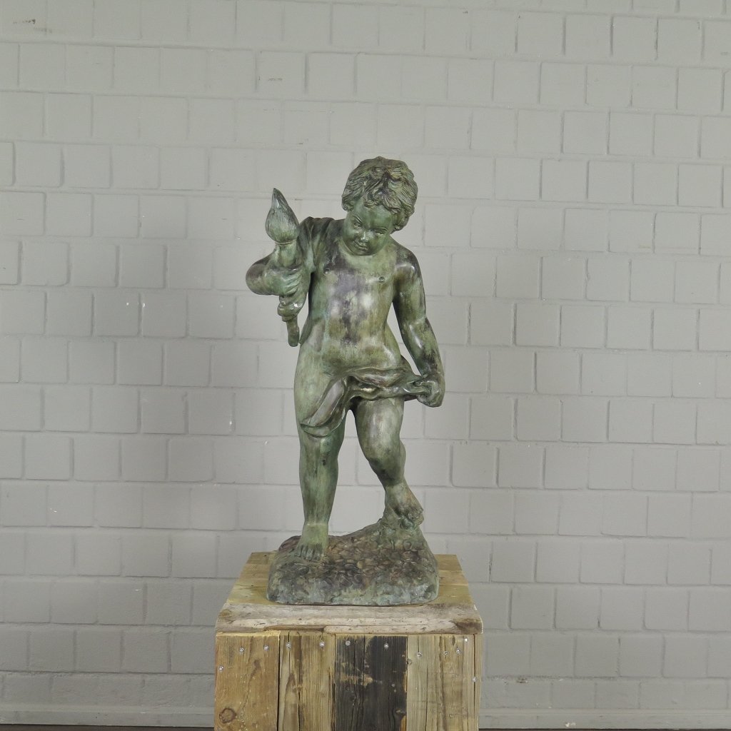Skulptur Dekoration Putte mit Fackel Bronze 0,77 m