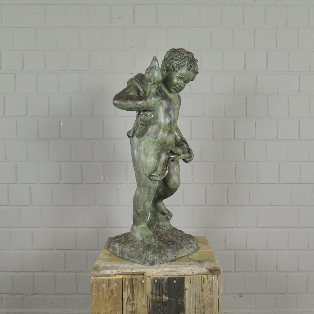 Skulptur Dekoration Putte mit Fackel Bronze 0,77 m