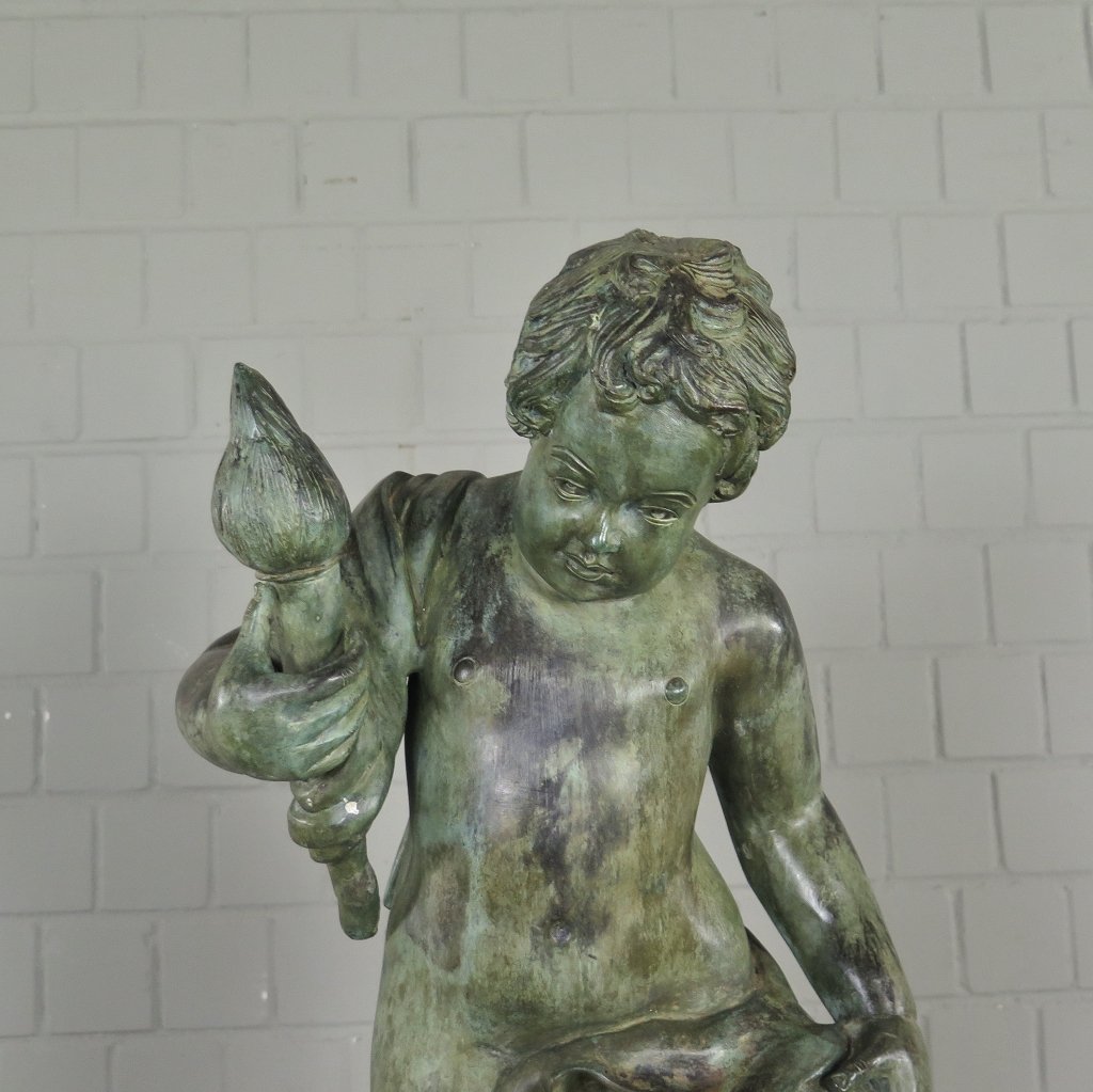Skulptur Dekoration Putte mit Fackel Bronze 0,77 m