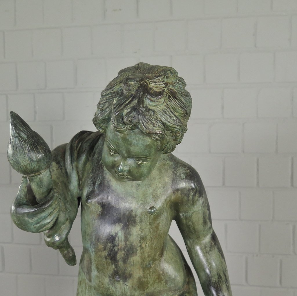 Skulptur Dekoration Putte mit Fackel Bronze 0,77 m