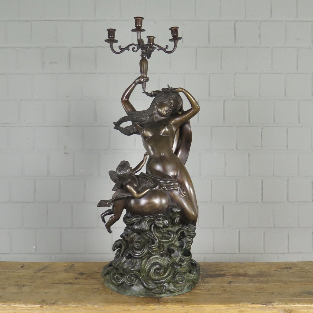 Kerzenständer Kandelaber Skulptur Frau mit Putte Bronze 0,83 m