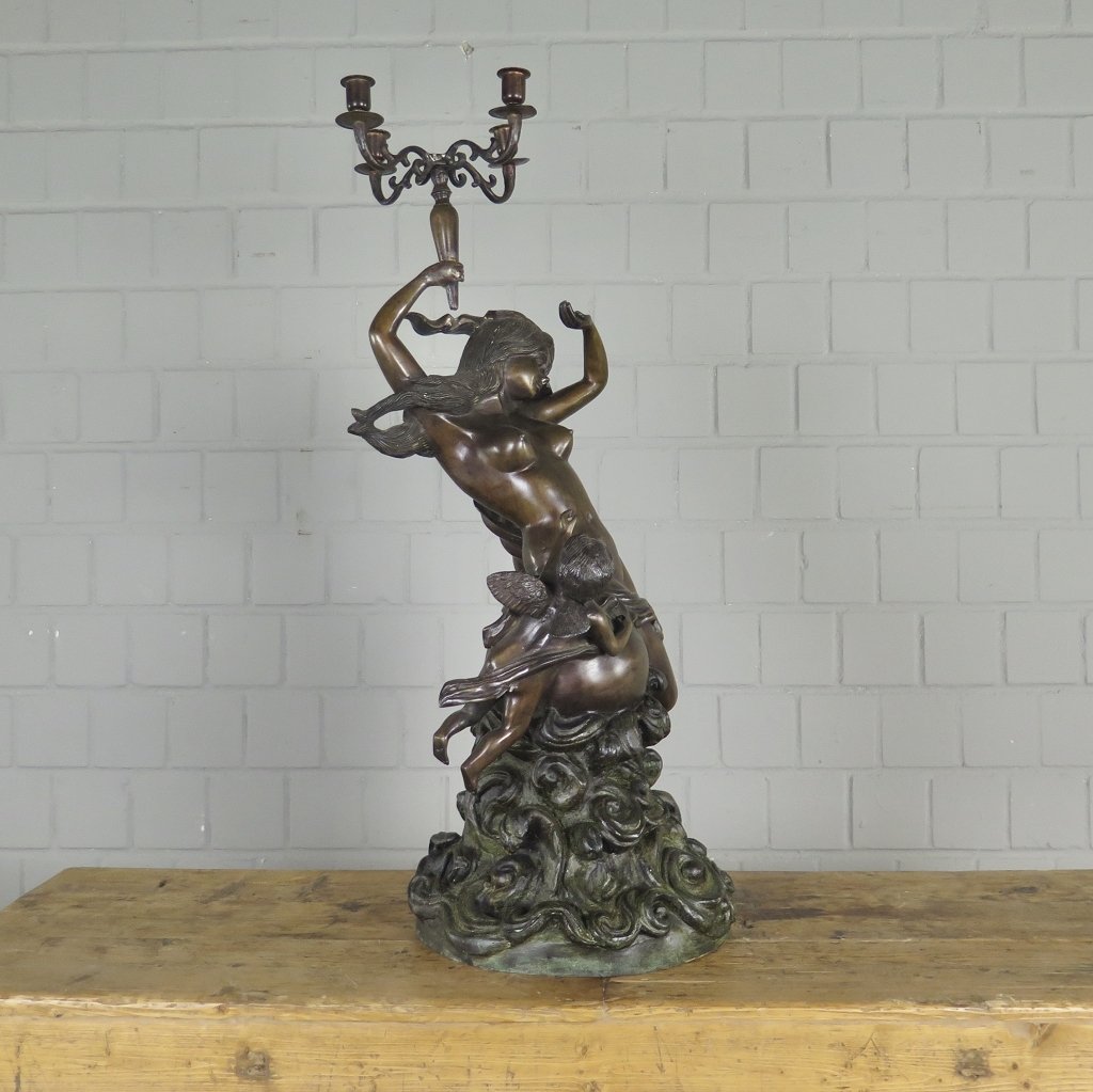 Kerzenständer Kandelaber Skulptur Frau mit Putte Bronze 0,83 m