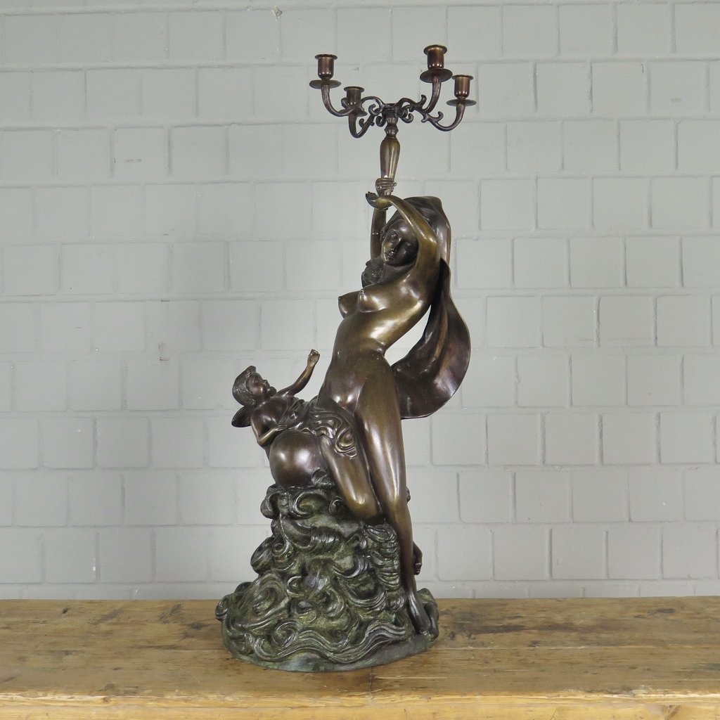 Kerzenständer Kandelaber Skulptur Frau mit Putte Bronze 0,83 m