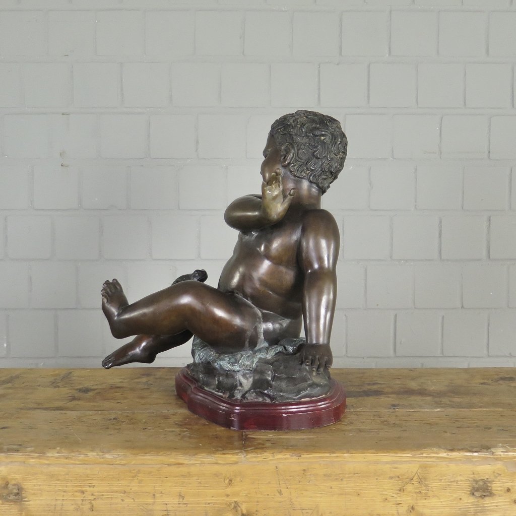 Skulptur Dekoration Kleinkind mit Frosch Bronze 0,43 m