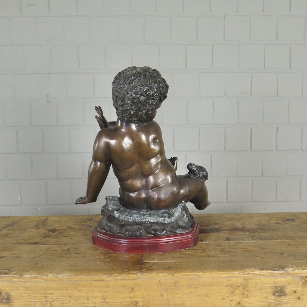 Skulptur Dekoration Kleinkind mit Frosch Bronze 0,43 m