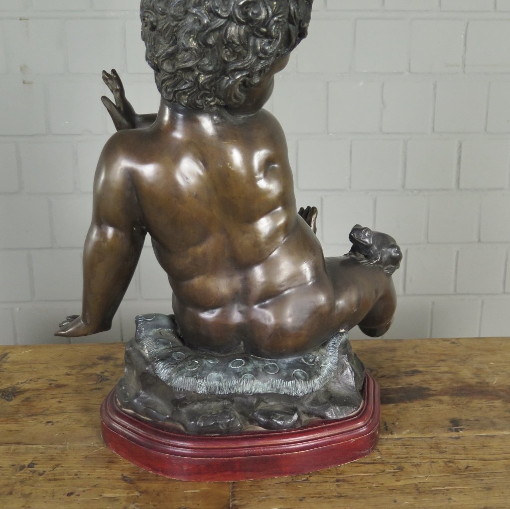 Skulptur Dekoration Kleinkind mit Frosch Bronze 0,43 m