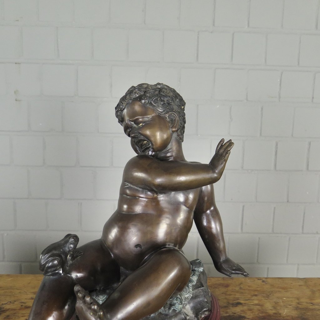 Skulptur Dekoration Kleinkind mit Frosch Bronze 0,43 m