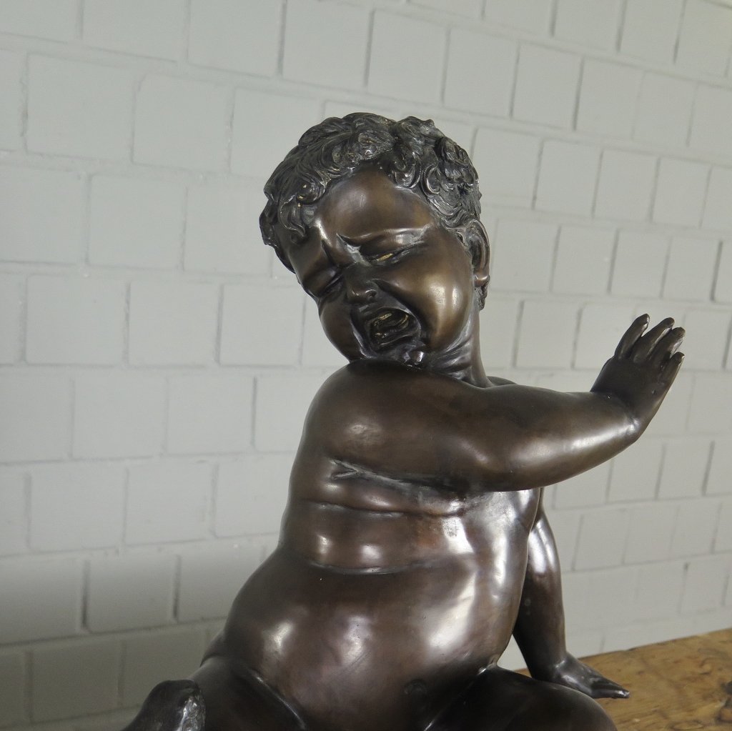Skulptur Dekoration Kleinkind mit Frosch Bronze 0,43 m