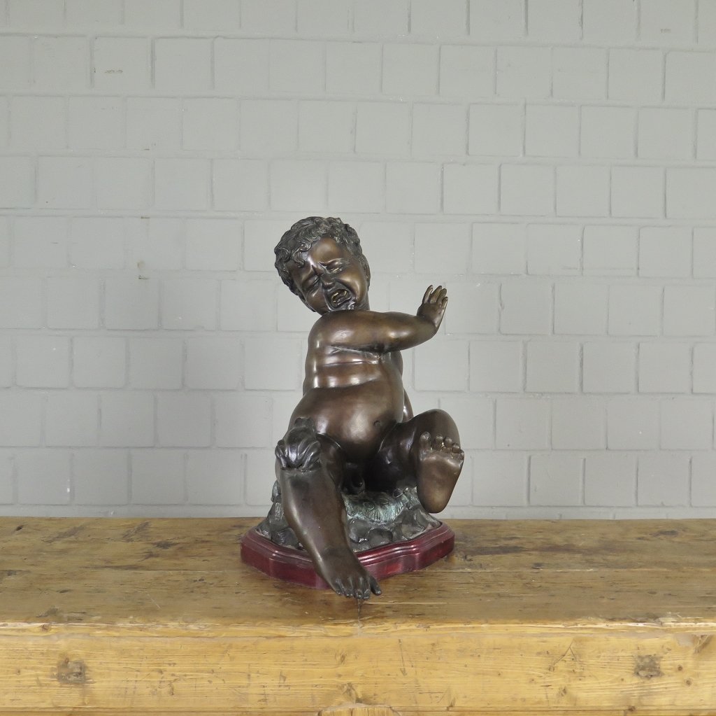 Skulptur Dekoration Kleinkind mit Frosch Bronze 0,43 m