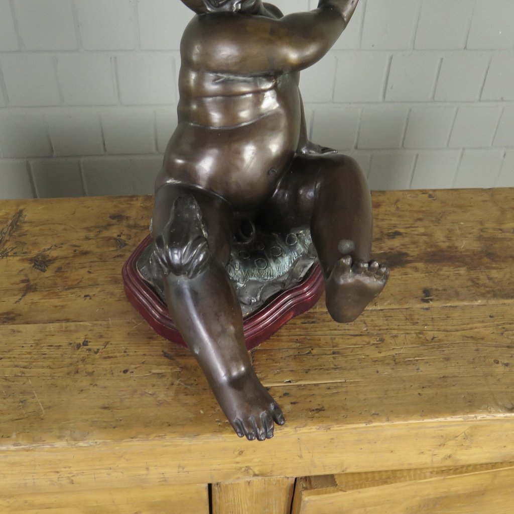 Skulptur Dekoration Kleinkind mit Frosch Bronze 0,43 m