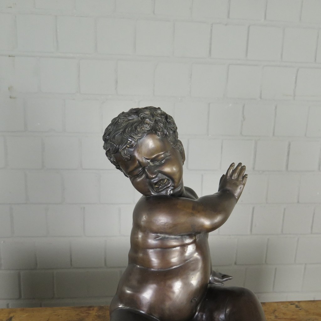 Skulptur Dekoration Kleinkind mit Frosch Bronze 0,43 m