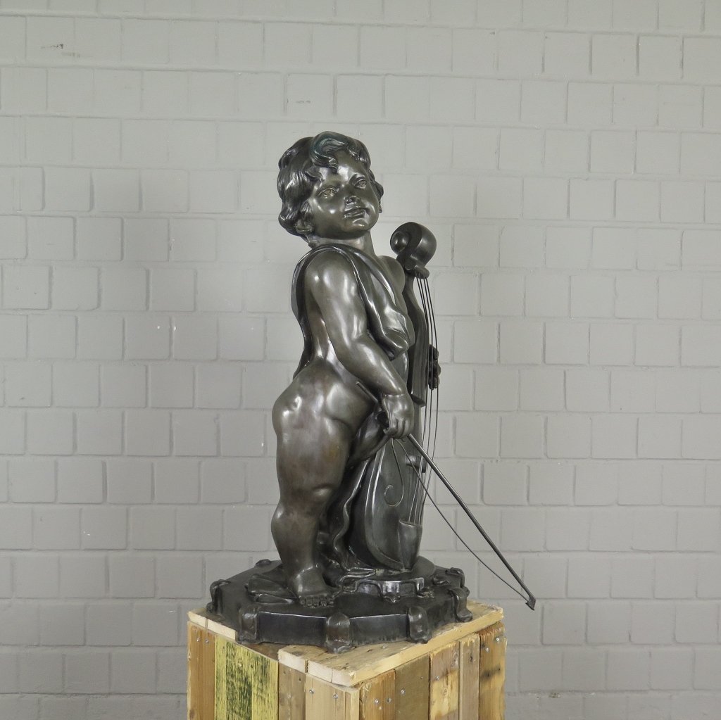 Skulptur Dekoration Putte mit Cello Bronze 0,87 m
