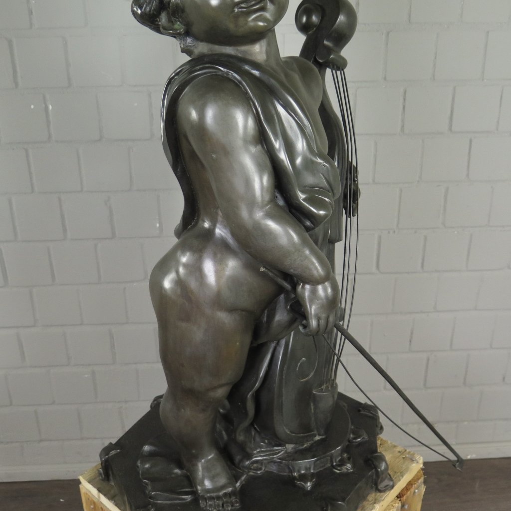 Skulptur Dekoration Putte mit Cello Bronze 0,87 m