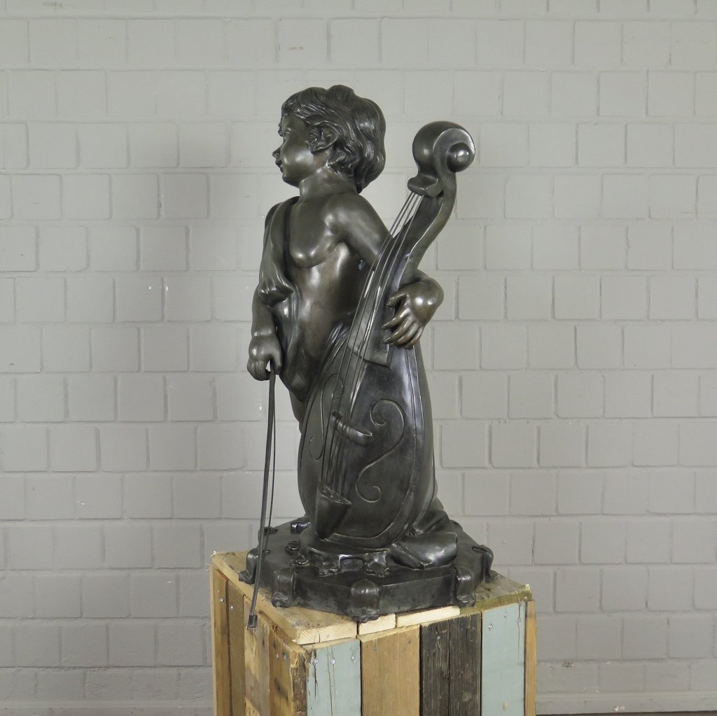 Skulptur Dekoration Putte mit Cello Bronze 0,87 m
