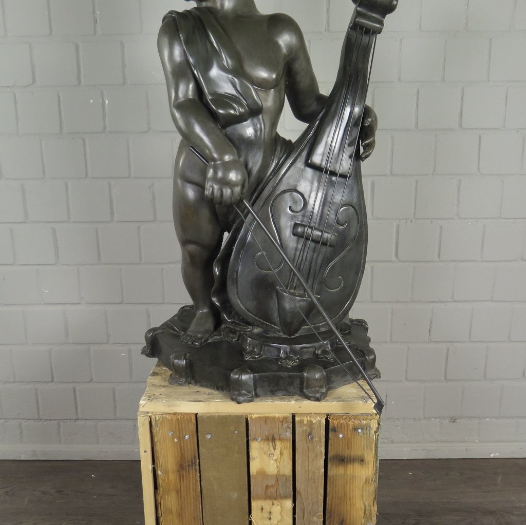 Skulptur Dekoration Putte mit Cello Bronze 0,87 m