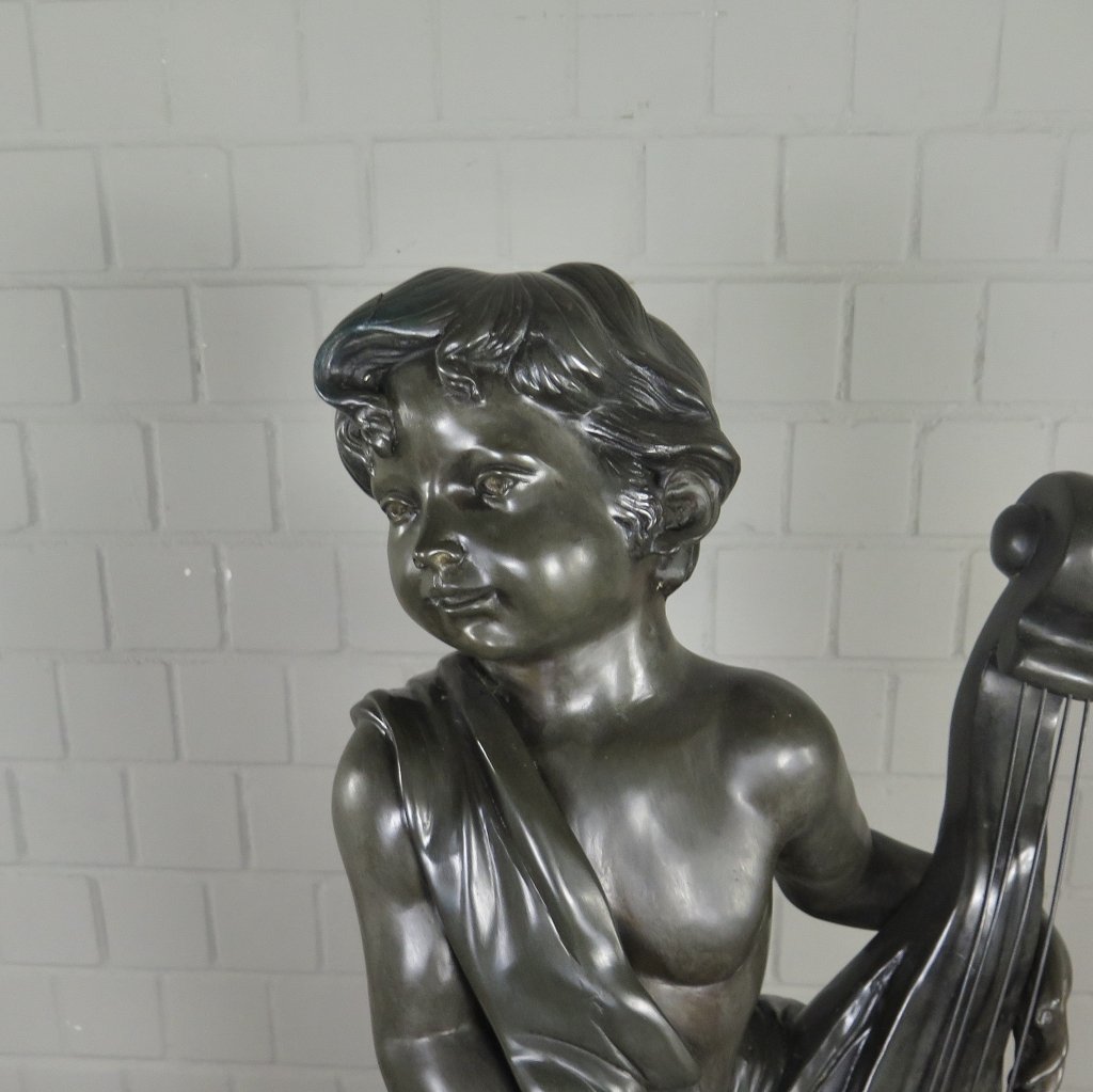 Skulptur Dekoration Putte mit Cello Bronze 0,87 m