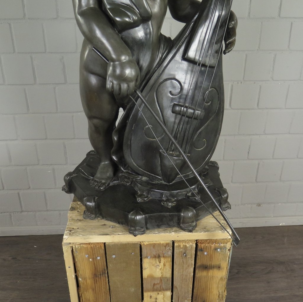 Skulptur Dekoration Putte mit Cello Bronze 0,87 m
