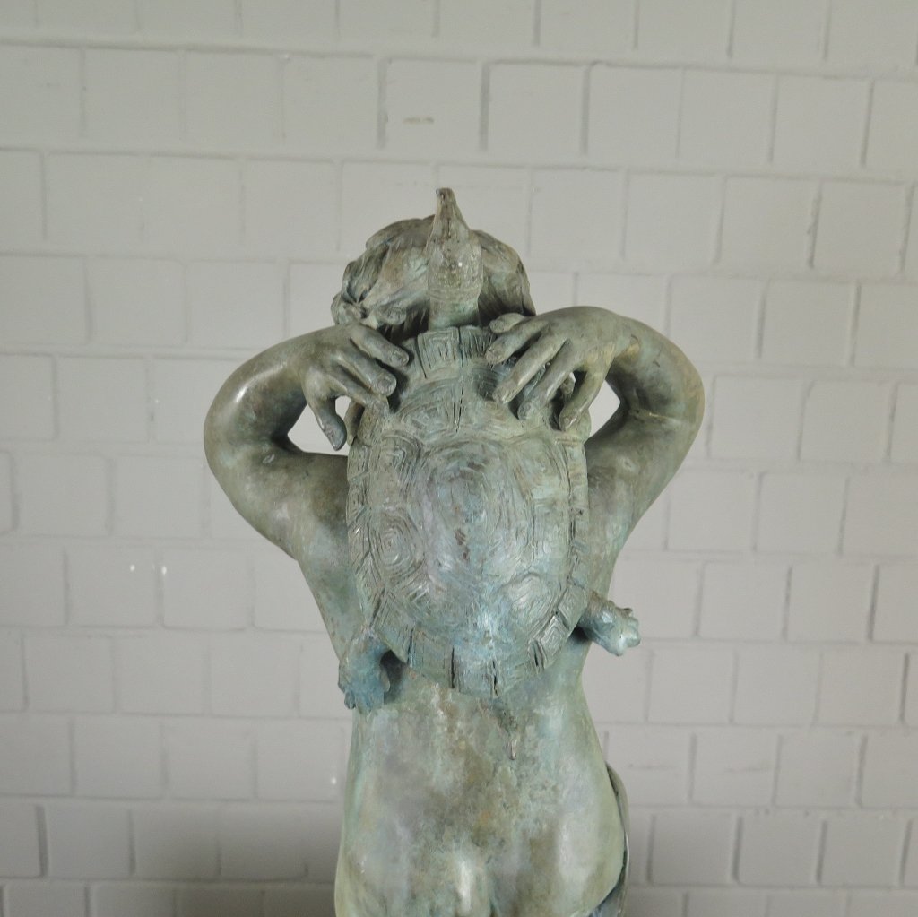 Wasserspeier Wasserspiel Putte mit Schildkröte Bronze 0,70 m