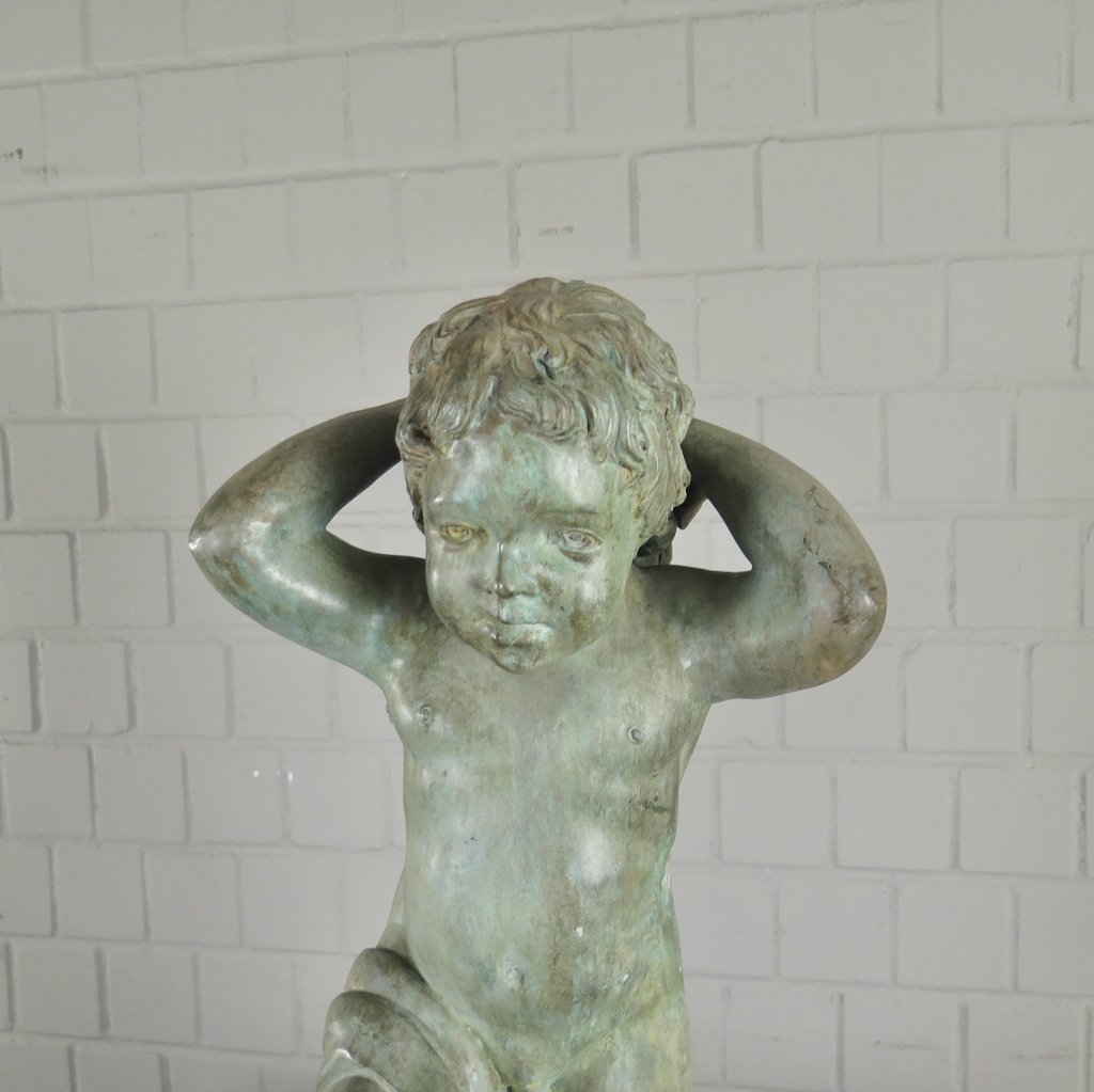 Wasserspeier Wasserspiel Putte mit Schildkröte Bronze 0,70 m