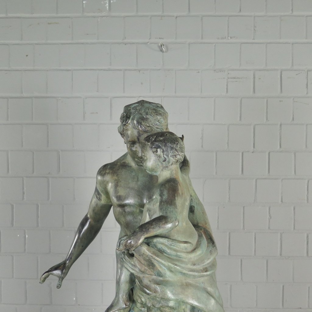 Skulptur Dekoration Mann mit Kind 1,10 m Bronze