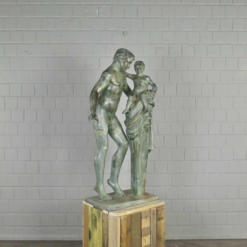 Skulptur Dekoration Mann mit Kind 1,10 m Bronze