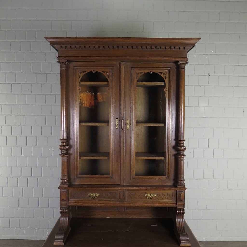 Vitrine mit Truhenbank Schrank Gründerzeit 1880 Eiche