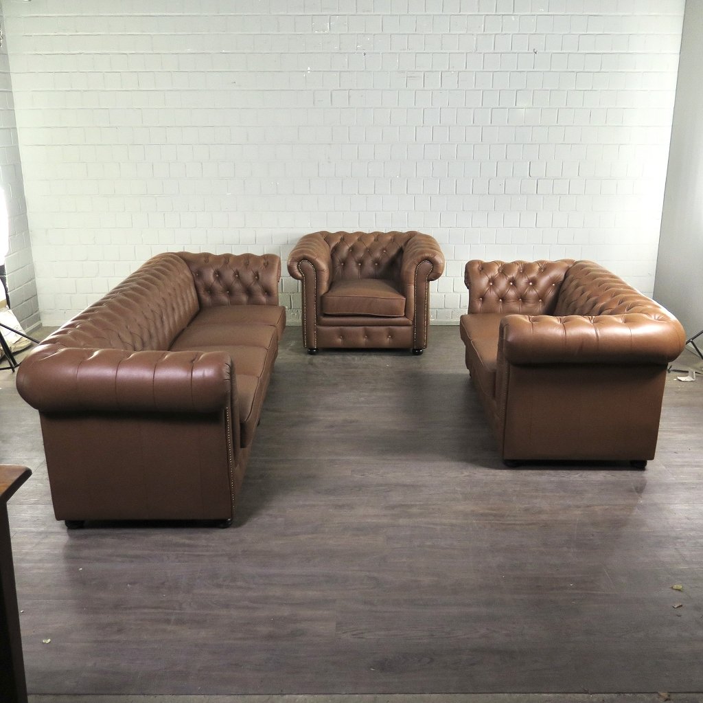 Chesterfield Couchgarnitur Leder Cognac