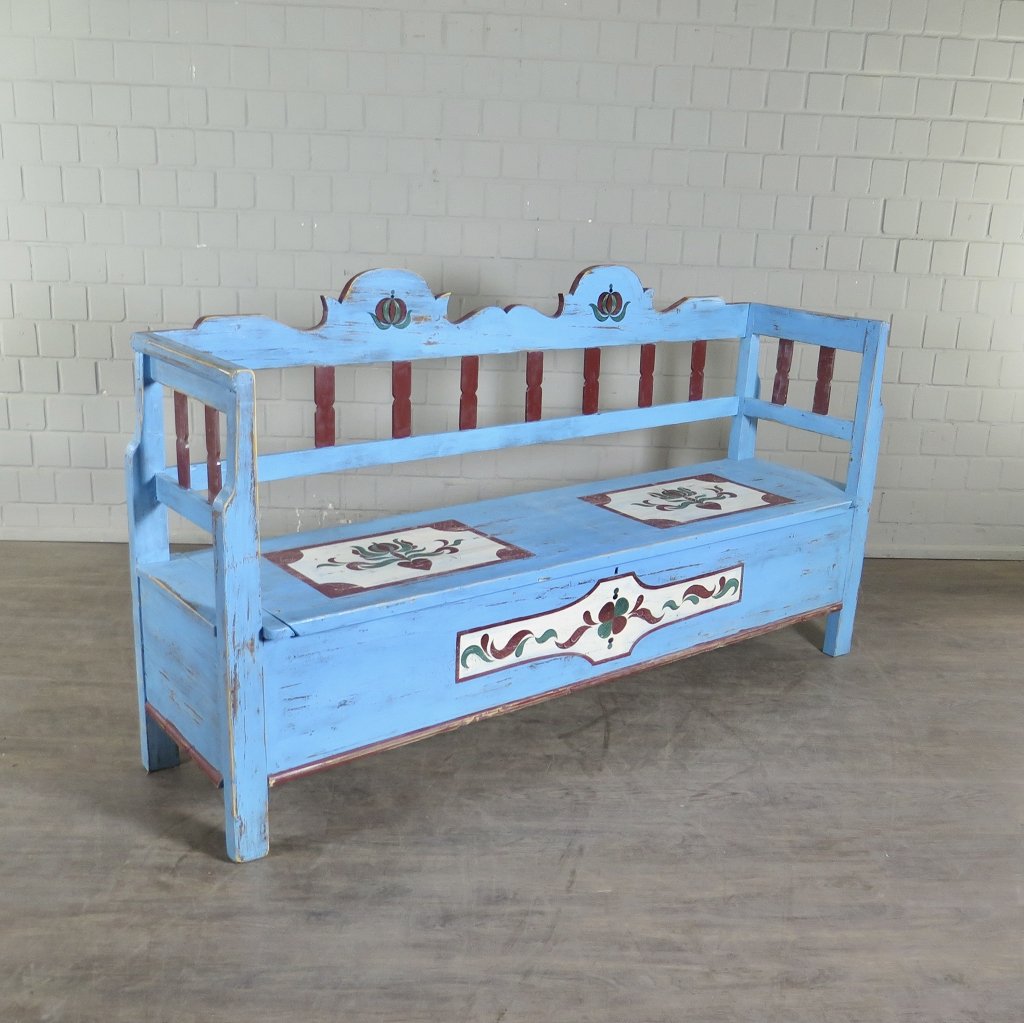 Truhenbank Holzbank Blau 1,98 m Jugendstil 1910 Kiefer