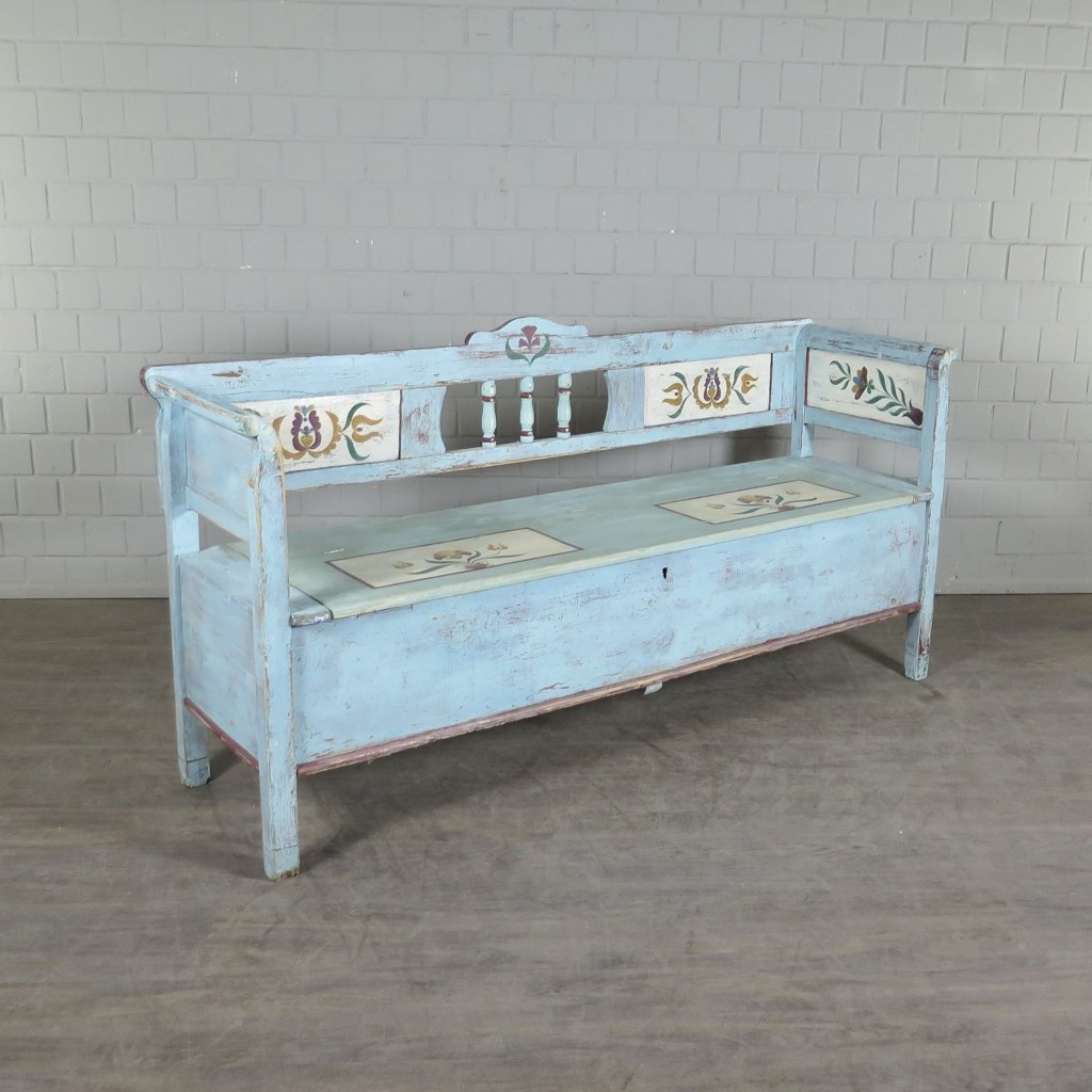 Truhenbank Holzbank Blau 2,00 m Jugendstil 1910 Kiefer